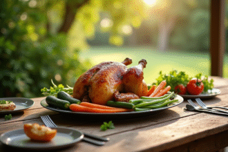 Table rustique avec poulet rôti et légumes colorés en plein air