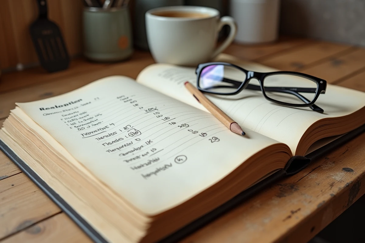 Livre de recettes ouvert avec tableau de conversion degrés Celsius et thermostat four, 180 degrés entouré au crayon