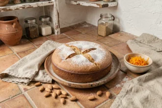 Tarta de Santiago espagnole sur assiette en céramique rustique avec sucre glace en forme de croix et amandes éparpillées dans une cuisine traditionnelle
