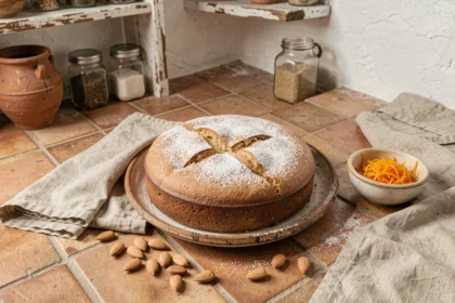 Tarta de Santiago espagnole sur assiette en céramique rustique avec sucre glace en forme de croix et amandes éparpillées dans une cuisine traditionnelle