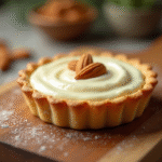Tarte aux amandes fraîchement cuite sur une table en bois