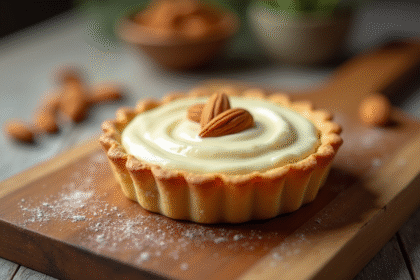 Tarte aux amandes fraîchement cuite sur une table en bois