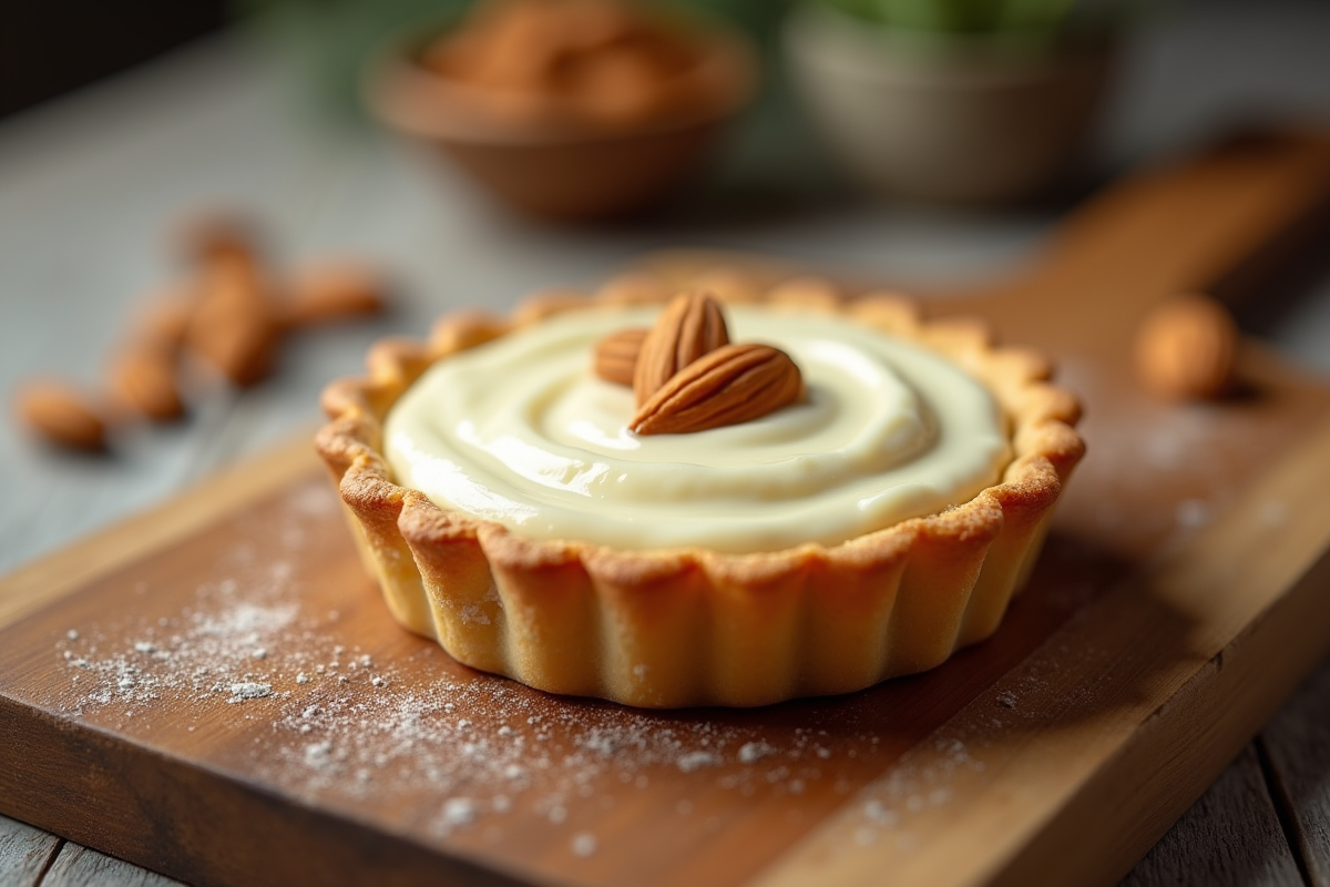 Tarte aux amandes fraîchement cuite sur une table en bois