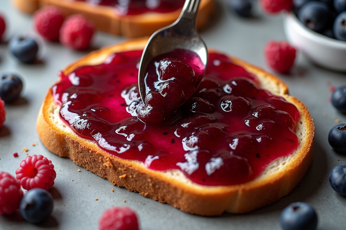 Tranche de pain tartinée de confiture de myrtille avec baies sauvages autour
