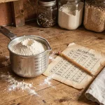 Tasse à mesurer remplie de farine posée sur un plan de travail en bois avec une fiche de conversion manuscrite en grammes