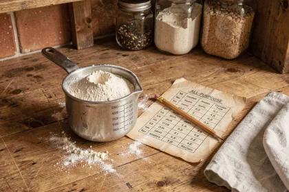 Tasse à mesurer remplie de farine posée sur un plan de travail en bois avec une fiche de conversion manuscrite en grammes