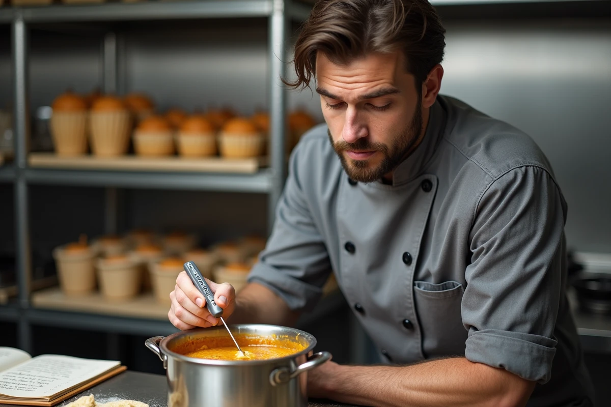Chef pâtissier vérifiant la température des pâtes de fruit pomme avec un thermomètre de cuisson pour garantir une prise correcte