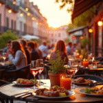 Terrasse moderne à Toulouse au coucher du soleil avec groupes d amis