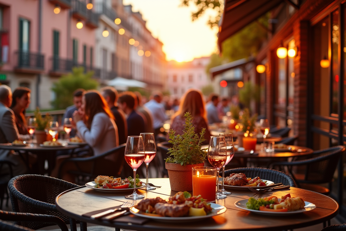 Terrasse moderne à Toulouse au coucher du soleil avec groupes d amis