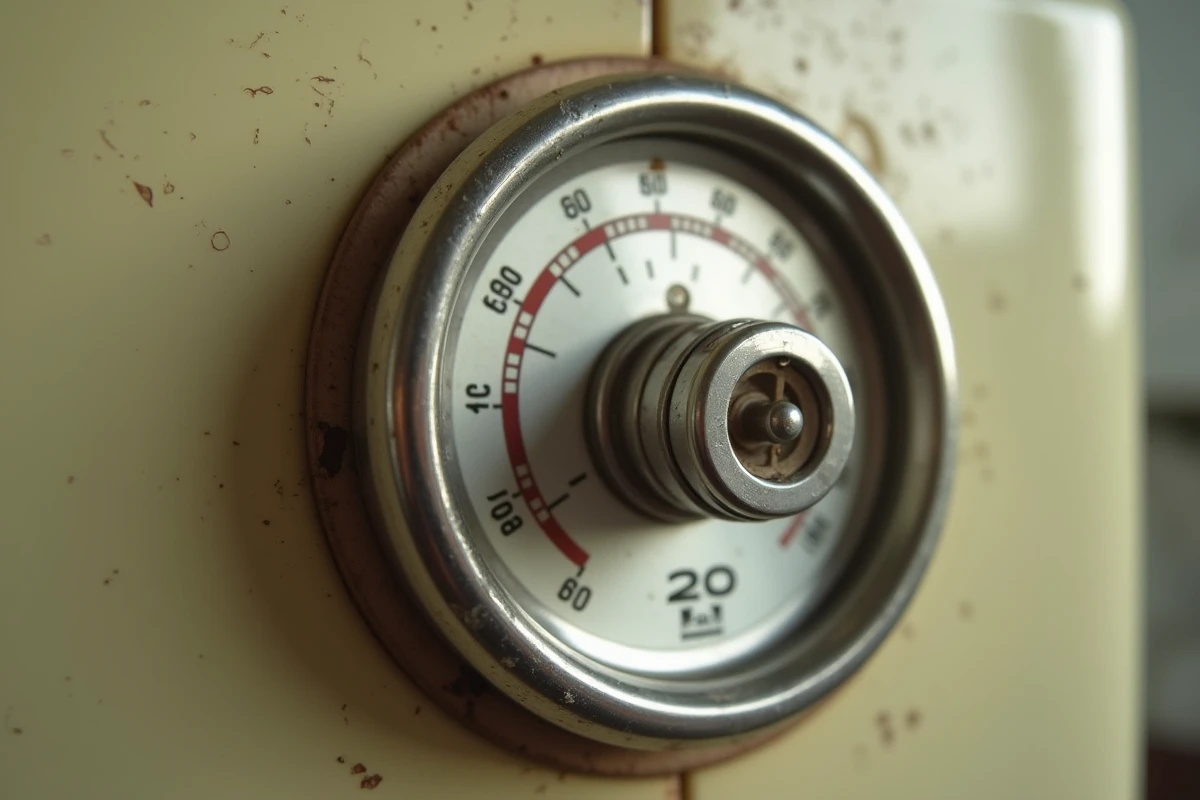 Gros plan sur le thermostat d'un four réglé à 200 degrés Celsius