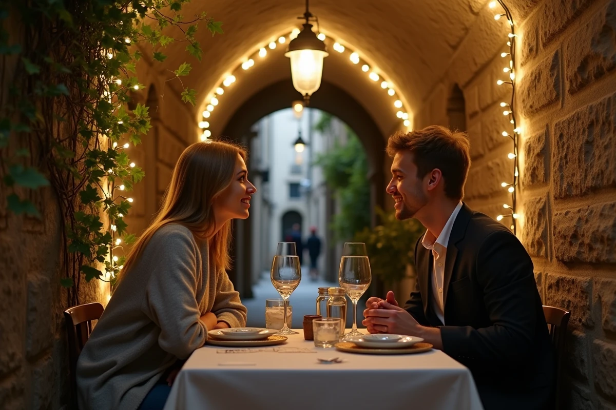 Table romantique installée dans un traboule lyonnais transformé en restaurant secret et insolite dans le Vieux-Lyon