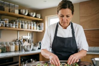 Traiteur indépendante arrangeant des amuse-bouches sur un plateau en inox dans une cuisine professionnelle équipée