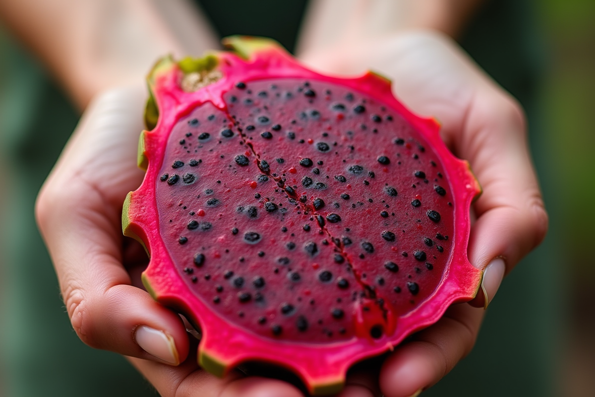 Tranche de dragon fruit fraîche dans la main en gros plan