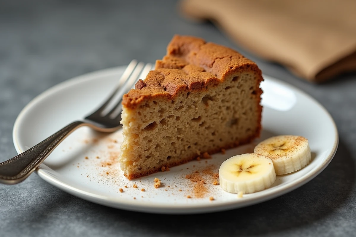 Tranche de gâteau flocon d'avoine banane régime IG bas sur assiette blanche avec cannelle