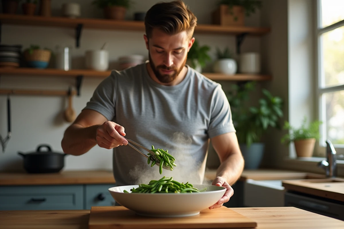 Homme transvasant des haricots verts vapeur depuis une cocotte-minute dans un bol en céramique avec des pinces de cuisine