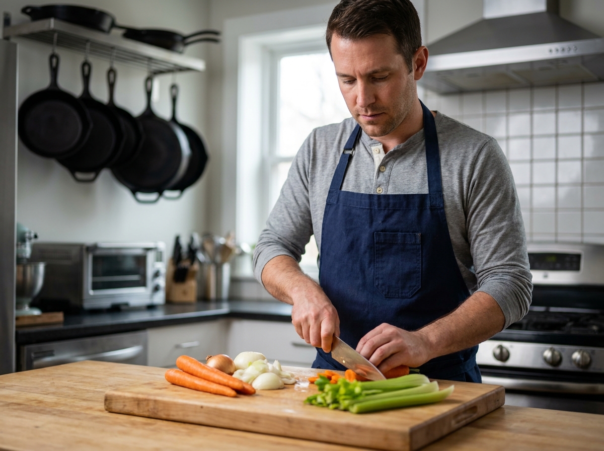 Chef masculin coupant des légumes sur une grande planche à découper en érable dans une cuisine professionnelle