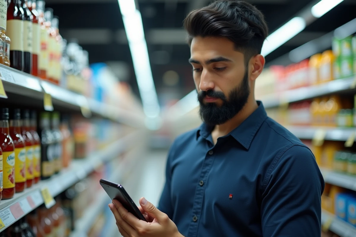 Homme consultant son téléphone pour vérifier la certification halal d'un vinaigre d'alcool dans un supermarché