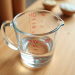 Verre mesureur rempli à 20 ml sur plan de travail en bois