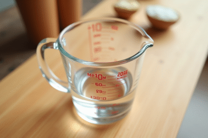 Verre mesureur rempli à 20 ml sur plan de travail en bois