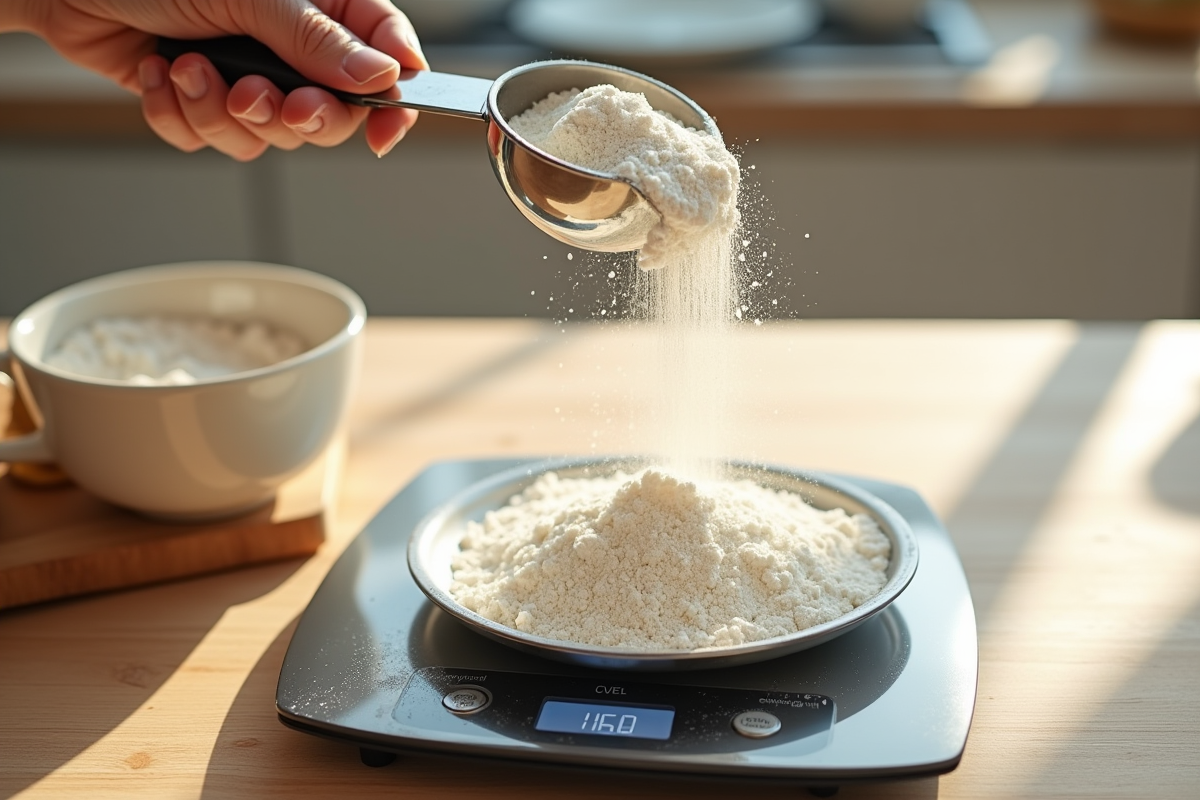 Personne versant de la farine sur une balance de cuisine avec lumière naturelle