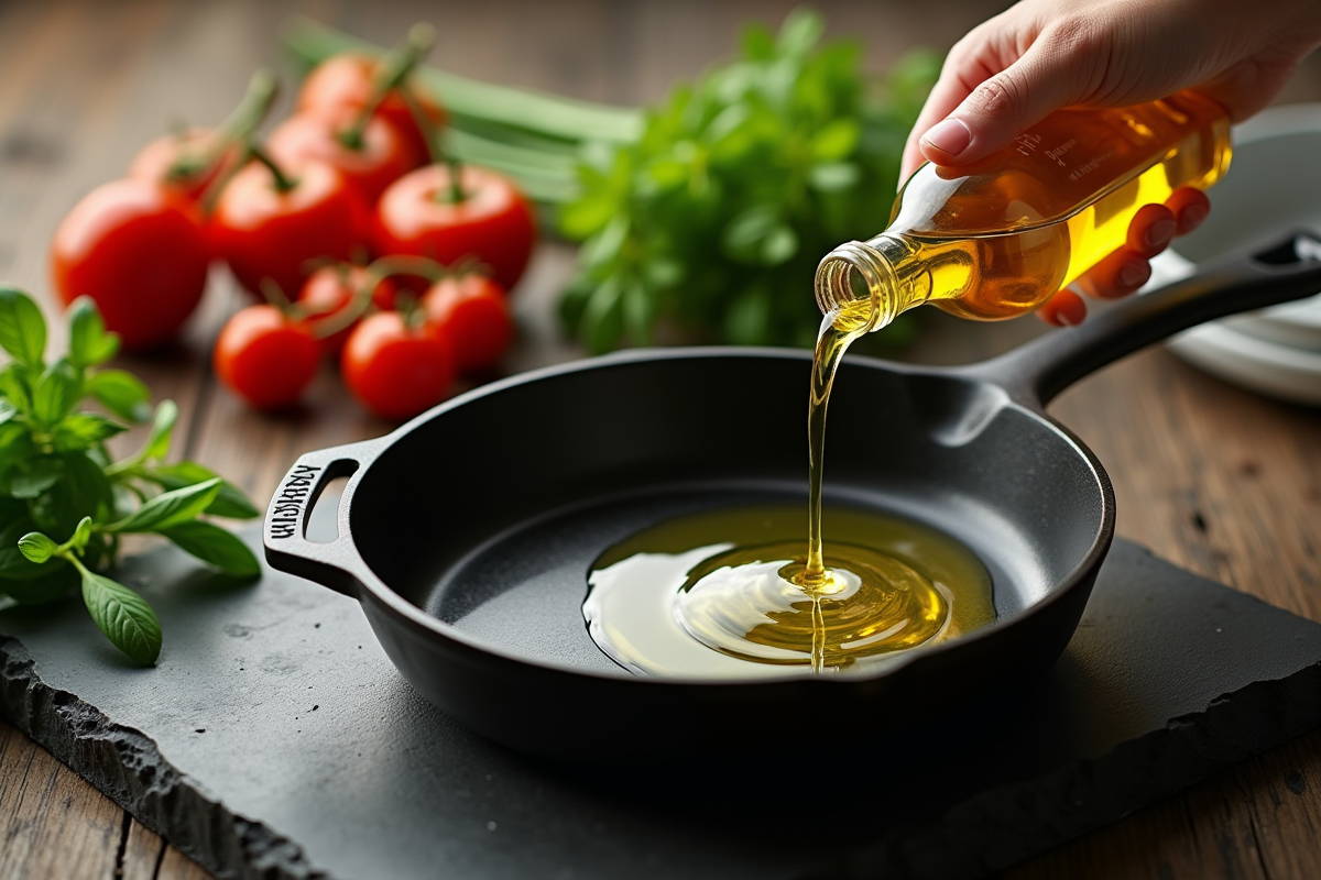 Main versant de l huile dorée dans une cocotte en fonte avec herbes fraîches en arrière-plan