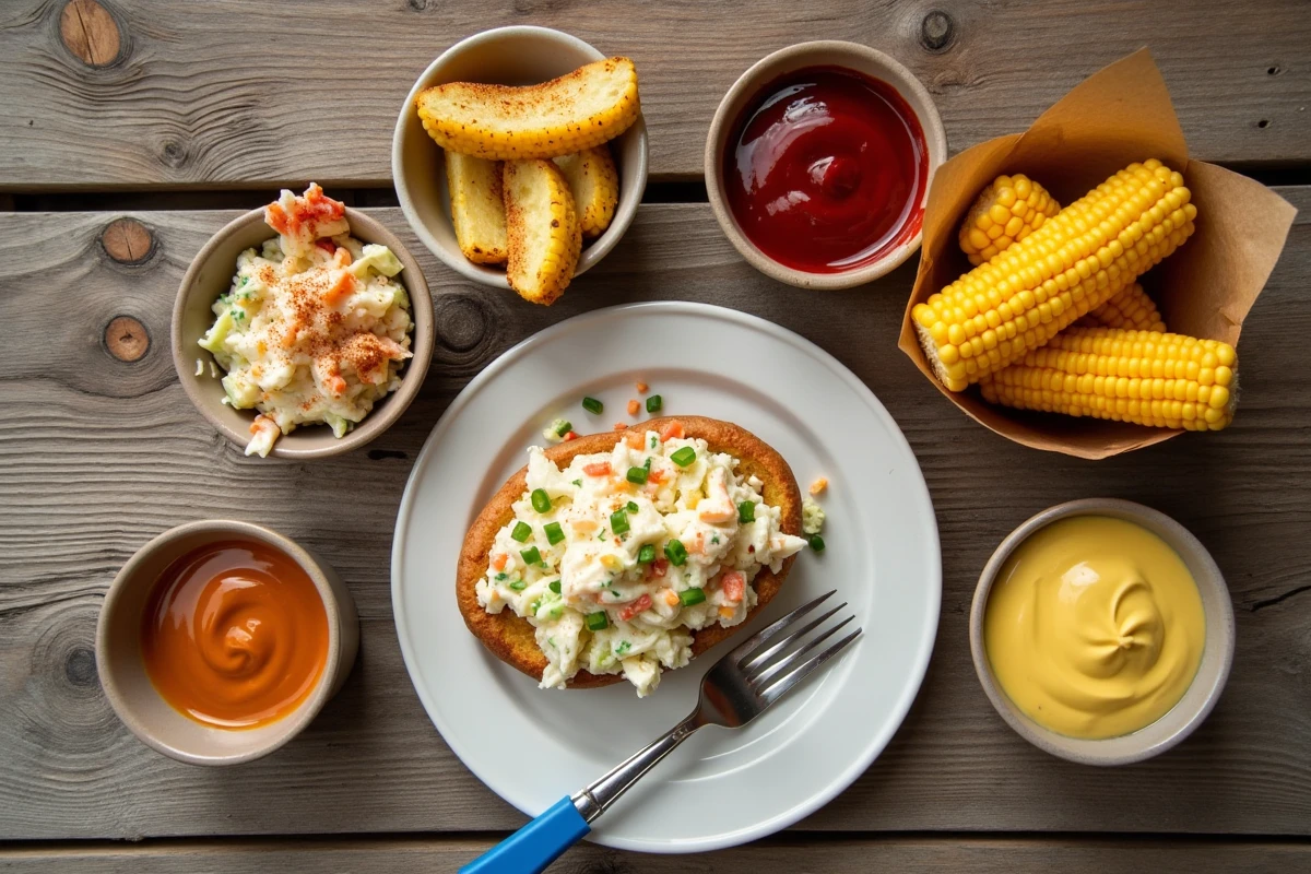 Vue de dessus des accompagnements de barbecue adaptés aux enfants : coleslaw maison, quartiers de pommes de terre épicés, mini-épis de maïs et sauces dips sur table en bois patiné