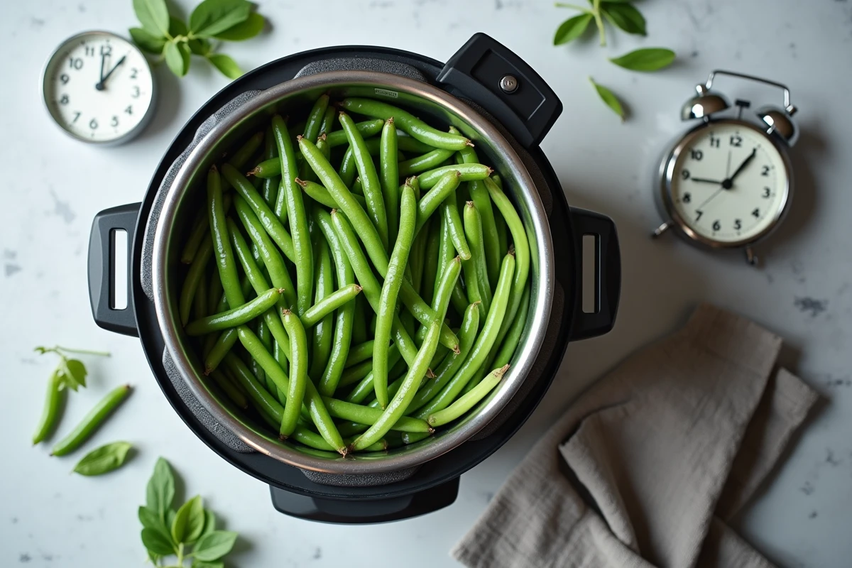 Vue de dessus d'une cocotte-minute ouverte avec panier vapeur rempli de haricots verts cuits et brillants